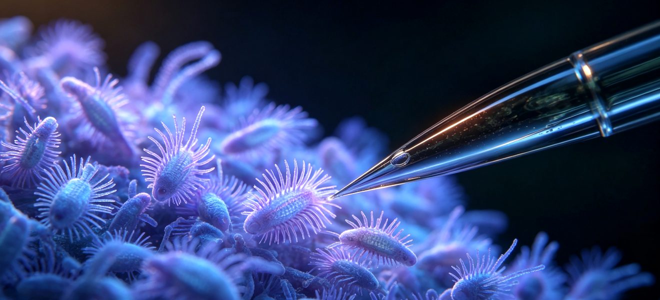 Illustrative fluorescence microscopy: a living microbial colony with microelectrode
